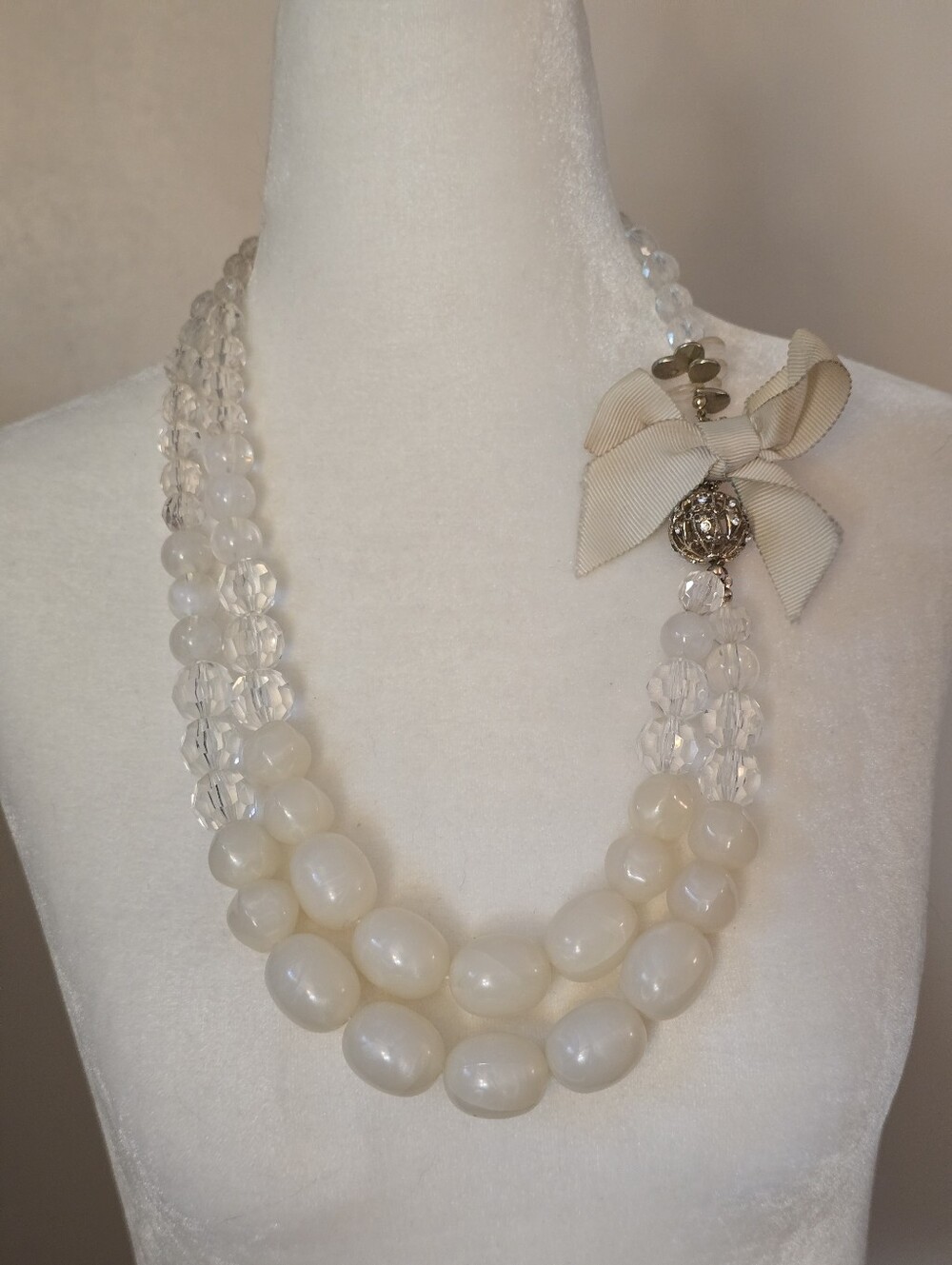 Cream & Ivory Beaded Triple-Strand Necklace with Bow Accent